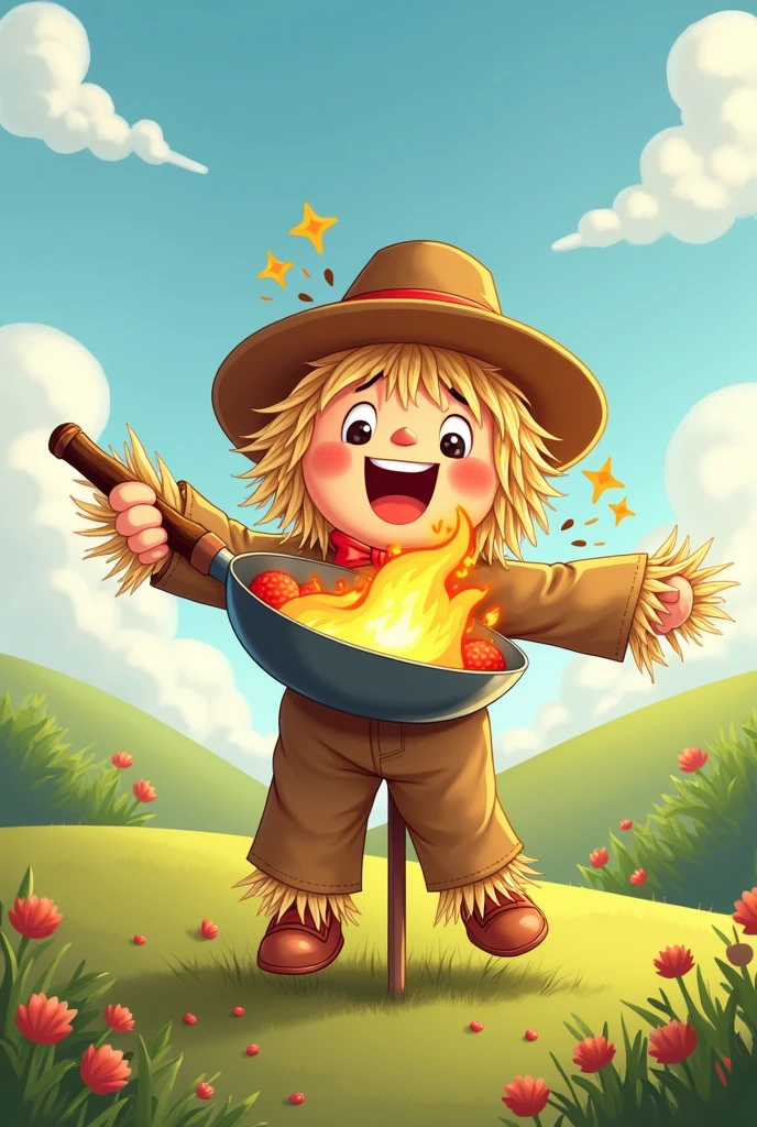 Create a kawaii illustration of a scarecrow with a frying pan in his hand playing with fire.