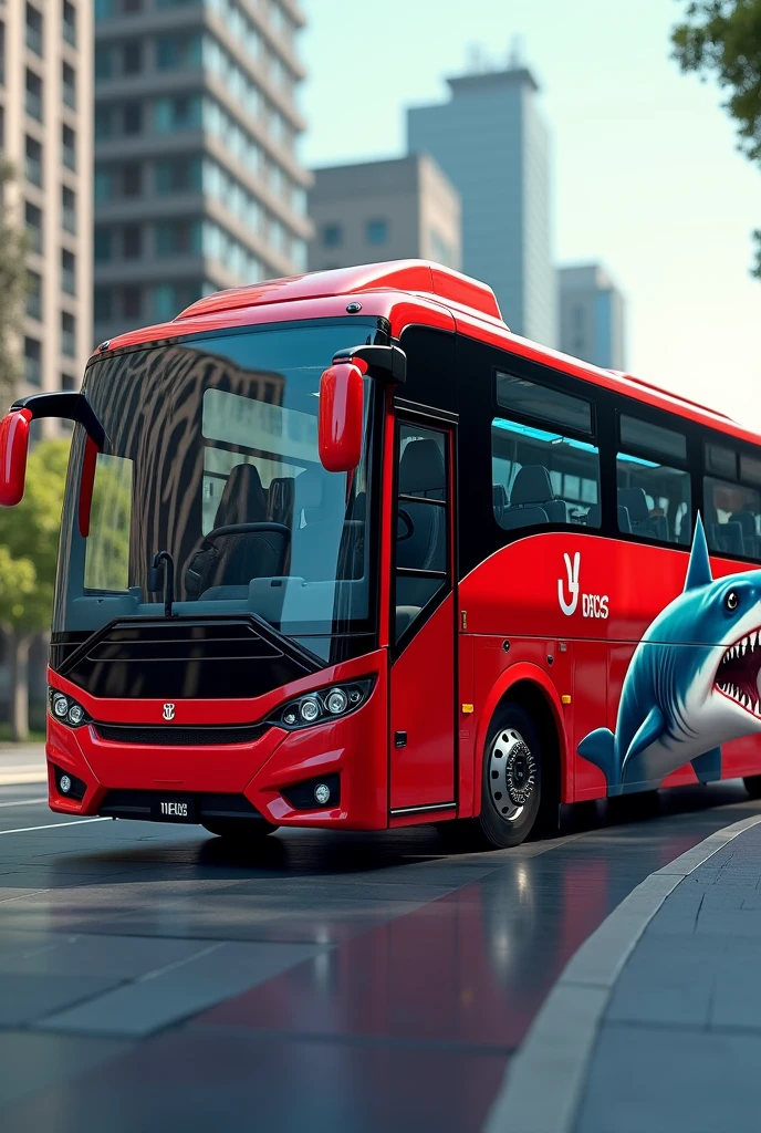 3d bus, predominant color red with black details, with a realistic shark design printed on the side
