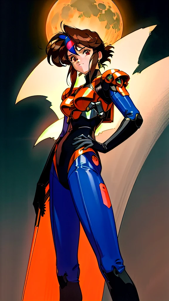 Kenichi Sonoda, retro art-style, 90s Japanese Anime Style, "bubblegum crisis", Sci-fi, Cyberpunk, Neon, Dystopia, (Amid the neon-soaked skyline of towering skyscrapers in mega Tokyo, 20-year-old anime beauty Pris stands alone on a gleaming skyscraper spire, bathed in the dazzling glow of the full moon. Her striking features are accentuated by a dark blue metal hard suit adorned with vibrant orange lines inspired by Syd Mead's industrial machine designs. Her brown medium-length hair frames her piercing gaze while she flashes a confident smile at the viewer. With fearless determination etched on her face, Pris is imposing and her entire presence exudes an aura of cool, stylish elegance. The smooth curves of her shadow, backlit by the moon, create a captivating silhouette, showcasing her unparalleled charm. A beauty under the watchful eye of the city's towering skyscrapers.), 1girl, solo, The main character, "Priss", 20yo, anime beauty, Cool beauty, Unparalleled beauty, Brown medium length hair, red eyes, Cold and sharp eyes, harsh brushstrokes, dramatic lighting, A dark blue metal hard suit with orange lines has a sophisticated design, fearless look, an expression of ridicule, smile, Standing alone in the backlight, she looks cool and stylish, Standing, looking at viewer, close-up photography of upper body, bust shot, Depth of field, character focus, (masterpiece, anime cg, official art, work of art, Award-winning work, extreme quality, ultra high definition, all intricate, overall detailed, finely detailed, super detailed, very aesthetic, boast pompously, focus on entire screen, asymmetrical, raytraced, caustics, textile shading, incredibly absurd resolution, absolutely resolution, ultra high resolution, professional, vivid colors, 16k, perfect anatomy, ideal facial features, Beautifully detailed face, Beautifully detailed eyes, ideally proportioned figure, perfectly beautiful body),