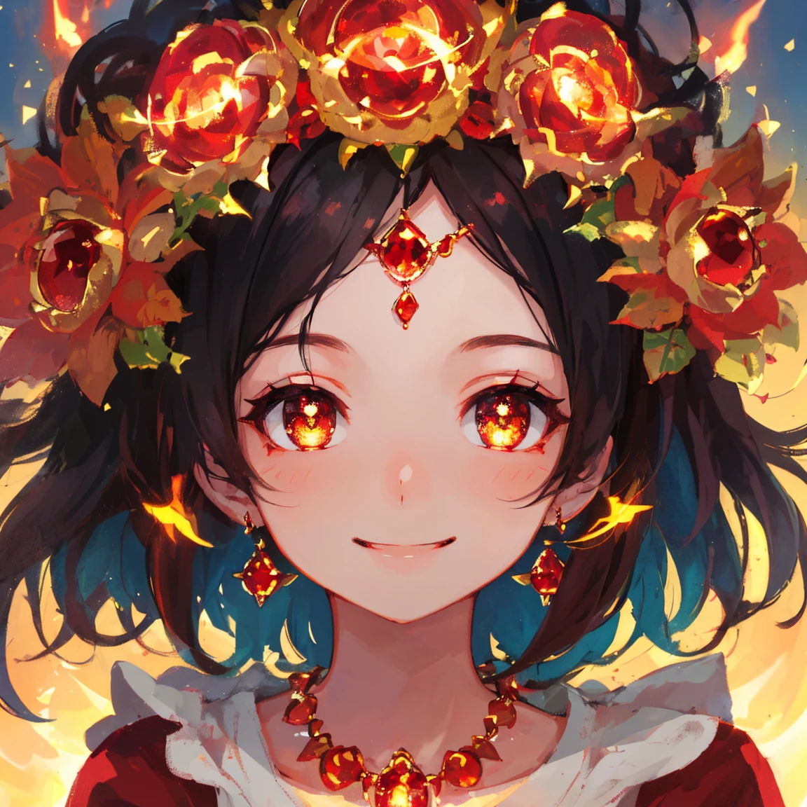 1 girl masterpiece, highest quality, shape,A smile like the sun, Ruby eyes and hair, Ruby earrings, Ruby necklace, flame, fire fairy, cute, (dynamic lighting:1.2), cinematic lighting, delicate features, fine eyes, sharp pupils, realistic student, written boundary depth, Bokeh, sharp focus, (very detailed, bloom, shine:1.4), lots of little gems