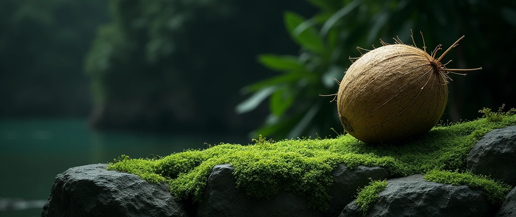  on a rock with moss and a coconut behind with dark light
