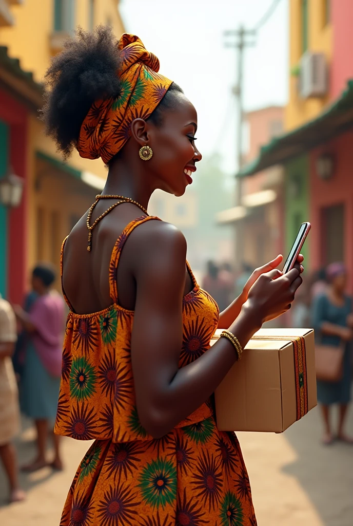 happy african woman turning her back to camera with cell phone receiving a package