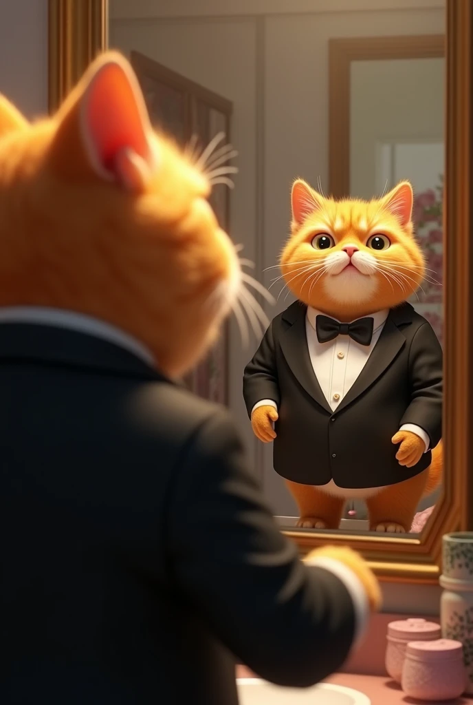 Aicat, an orange, chubby cat, dressed in a classic black tuxedo with a bow tie, looks excitedly at his reflection in a mirror. The scene includes a montage of prom preparations, showcasing Aicat’s orange fur and chubby build in a refined and elegant style.