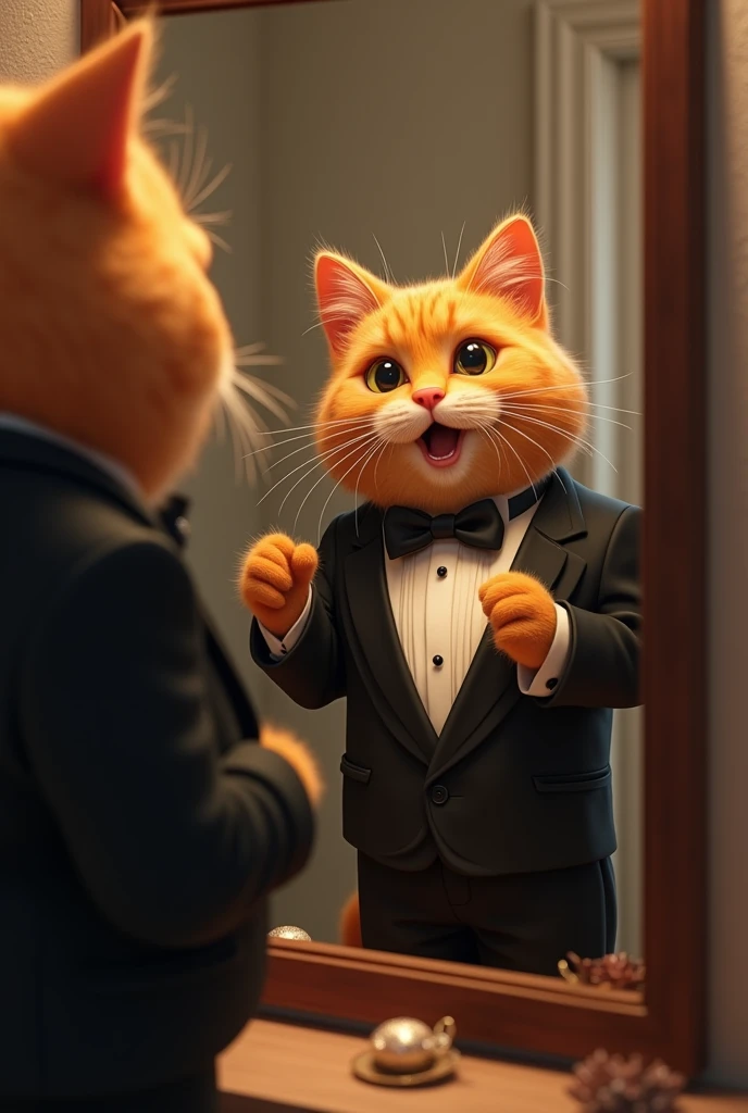 Aicat, an orange, chubby cat, dressed in a classic black tuxedo with a bow tie, looks excitedly at his reflection in a mirror. The scene includes a montage of prom preparations, showcasing Aicat’s orange fur and chubby build in a refined and elegant style.