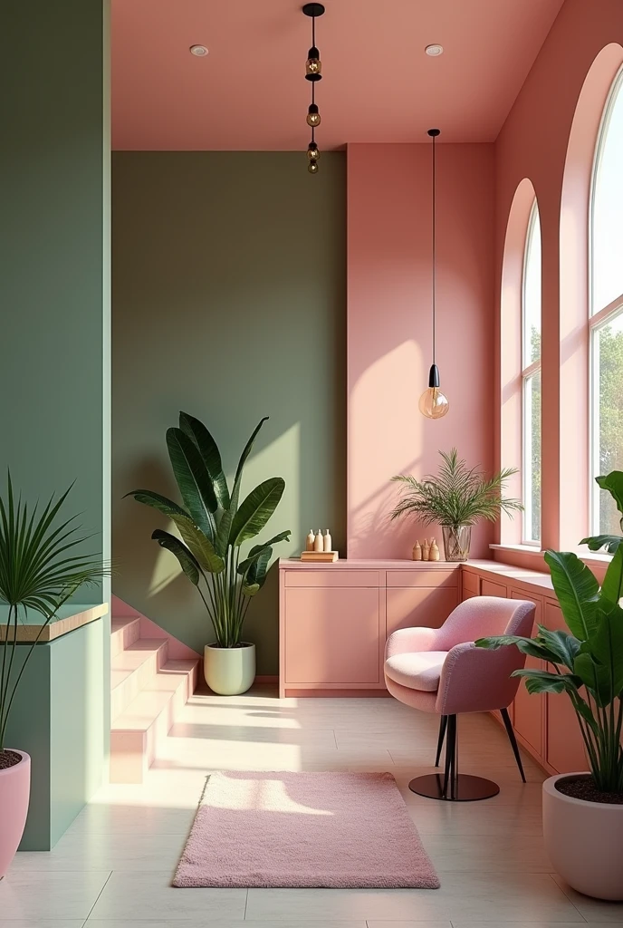 A simple beauty salon, but chic, inner part with green and pink tones
