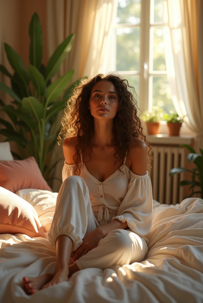 (photorealism:1.2), beautiful woman, sitting on bed, wearing loose off-shoulder top, pajama pants, long curly hair, indoors, soft lighting, plants in background, window with sunlight, cozy room, relaxed pose, realistic, intricate details, warm colors, by Greg Rutkowski, by Alphonse Mucha