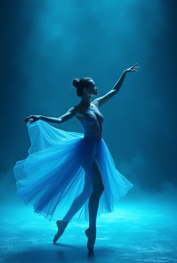 beautiful classical ballet dancer in a semi-sensual studded blue dress, clothes without sensuality blue background blue background blue place everything blue with lighting