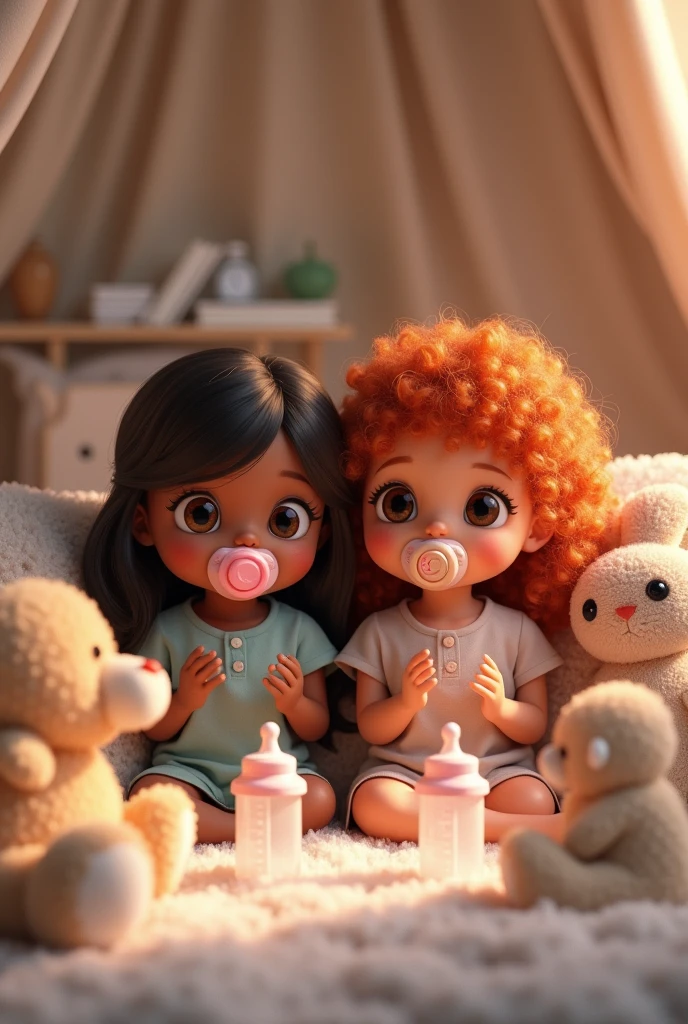 Create two girls, one with black hair and one with red hair, Make the one with black hair dark skin with dark brown eyes and the one with light red hair and curly hair with dark skin and dark brown eyes. Make them with a pacifier in their mouth and baby bottles next to Little Space age regression things and stuffed animals.