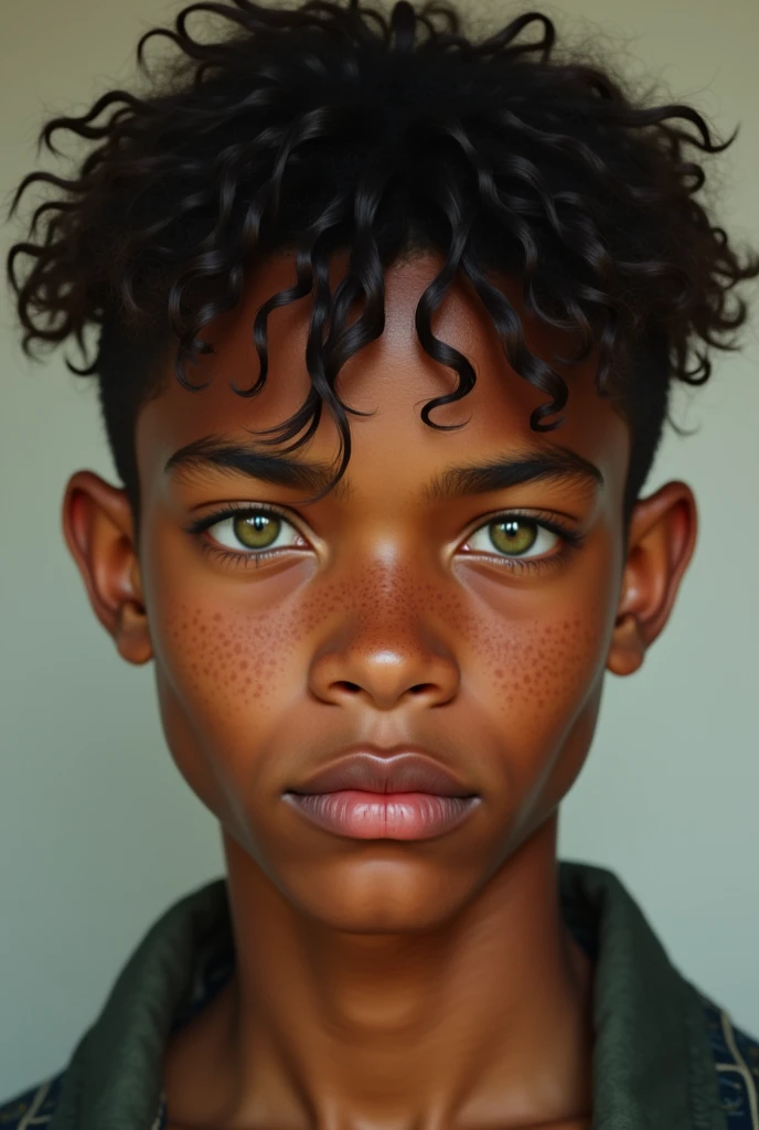 A young brown man with freckles on his face, with a penetrating gaze, serious expression, green eyes and short curly hair