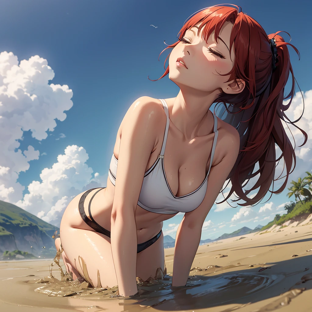 1girl, solo:1.5, masterpiece, best quality, high res, highly detailed, (illustration), beautiful detailed eyes, yuigahama yui, red hair ponytail, glossy lips, light makeup, orgasm, (looking up to the sky:1.5), intimate moment, cute tank top, visible thong underwear, cleavage, (quicksand:1.4), (from side:1.4), bog, swampy, grassy, (eyes closed:1.3), gasping