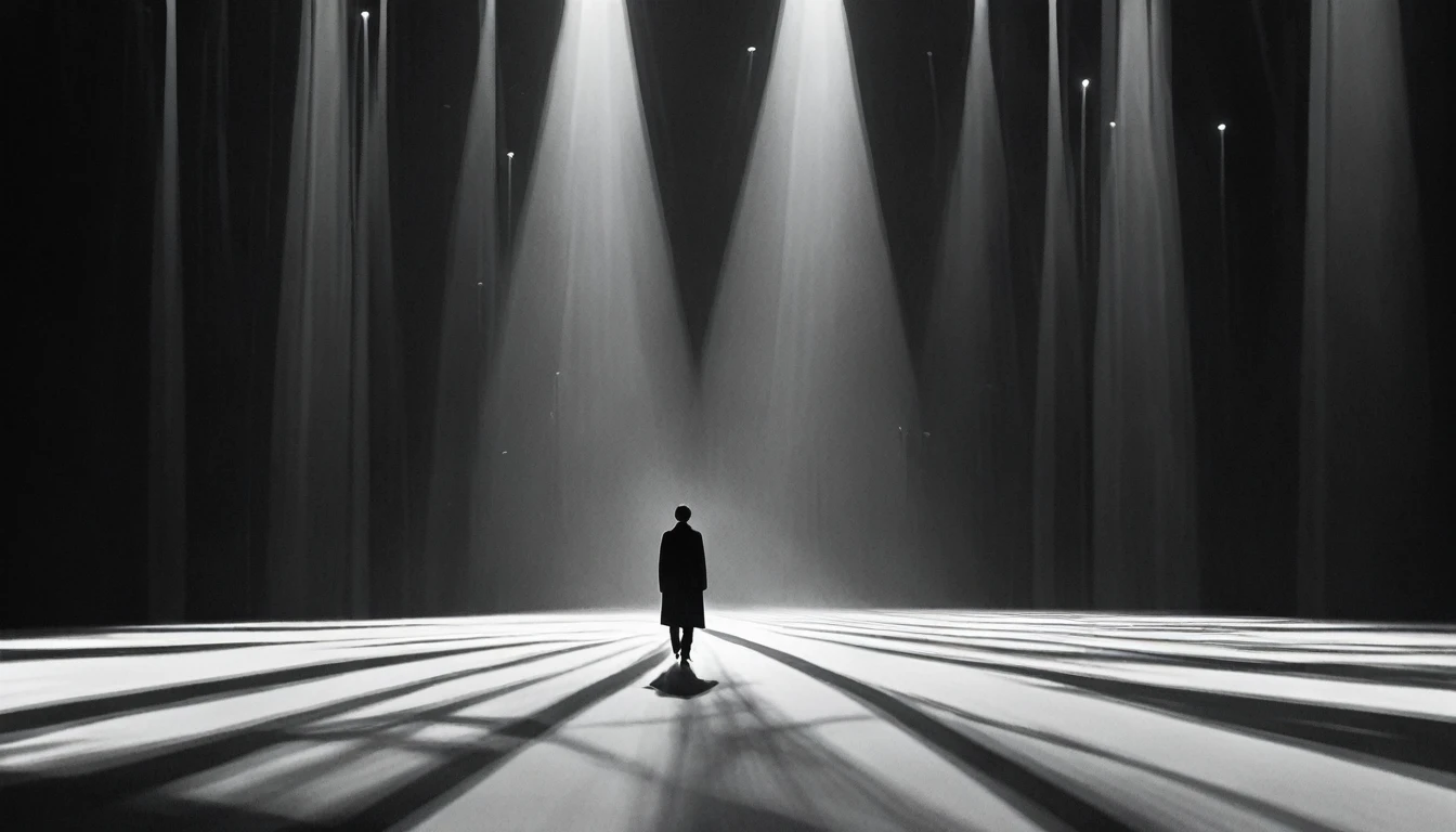 Shadowy figure beneath a single streetlamp in a smokey empty street, minimalist Journey,highres,ultra-detailed,realistic,portrait,monochrome,contrast,bold lines,dark atmosphere,simple composition,dramatic lighting,expressive face,subtle emotions,striking gaze,intense stare,simple clothing,mysterious background,haunting beauty,graceful pose,mysterious aura,vivid black and white tones,ethereal,concept art,journey of self-discovery,quiet introspection,depth of the soul,symbolic representation,minimalist environment,subtle details,emotional depth,striking simplicity,balance of light and darkness,surreal experience,striking shadows,subtle textures,detailed expression,striking visual impact,straightforward yet thought-provoking,wide range of emotional interpretation，shadow，anatomical correct:2
