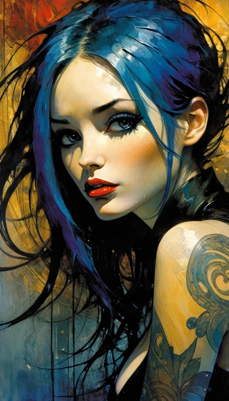 Best quality, Best face, 1girl, Blue hair, Long hair, white skin, Blue Tattoo's, thick eyelashes, Thick lips, Smirk, looking at viewer, starrystarscloudcolorful,eroticism, sexy, black and white image, between shadows, oil painting, chiaroscuro, sensual, dramatic lighting, moody atmosphere, photorealistic, intricate details, masterpiece, ultra-detailed, high quality, 8k, best quality, realistic, cinematic, dark and brooding, expressionistic, powerful composition, emotional impact, art inspired by Bill Sienkiewicz and Dave McKean