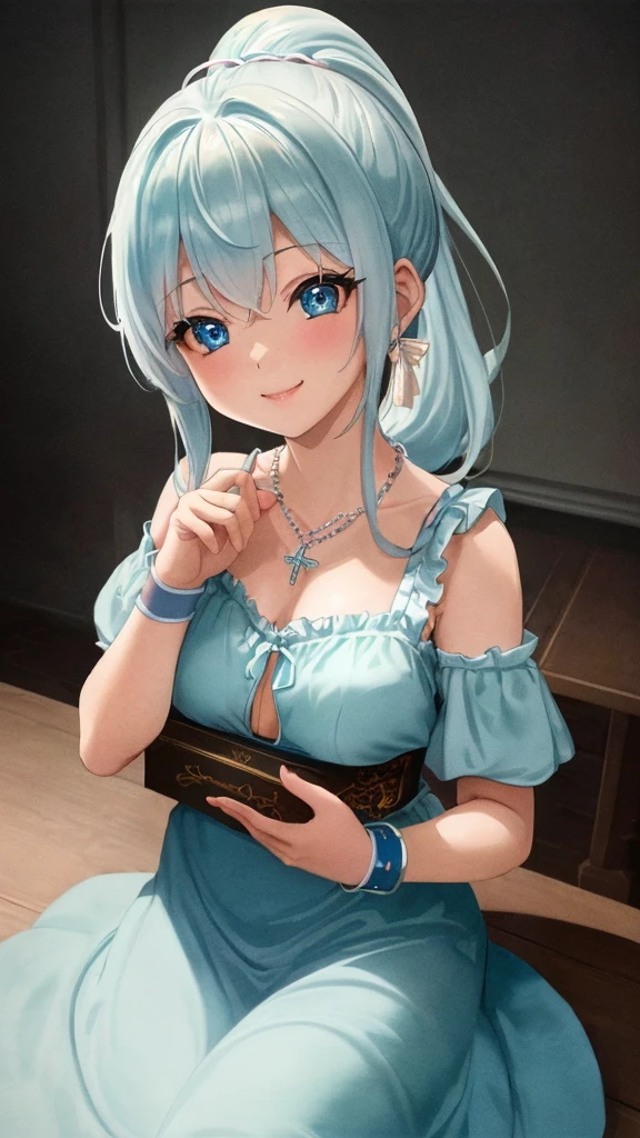 最high quality、Best image quality、masterpiece、With a girl((cute、18-year-old、Best Bust、Medium Bust、Beautiful Blue Eyes、Spread your chest wide,Pastel Hair、ponytail、Disheveled Hair、thin、Highest Valley、Pastel Dress、smile、necklace、Wristband、))high quality、Beautiful art、background((Pastel Room)),Tabletop、Exquisite design、Visual Arts、Written boundary depth、Best lighting、Highest detail、8k