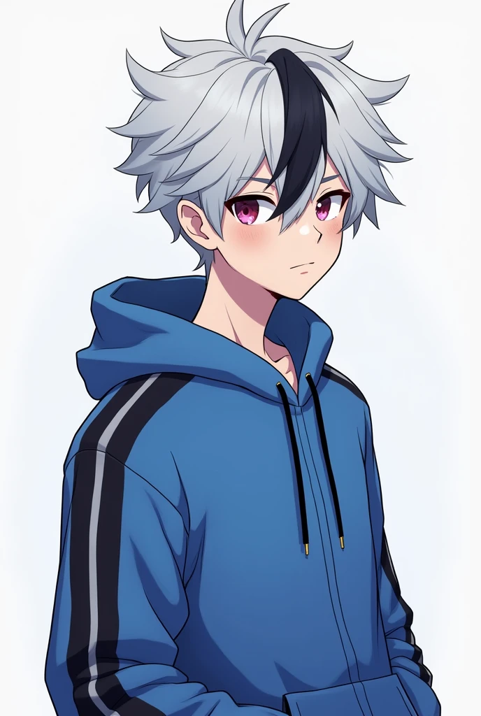 A discord profile picture of a boy with white hair with a black streak and a blue tracksuit