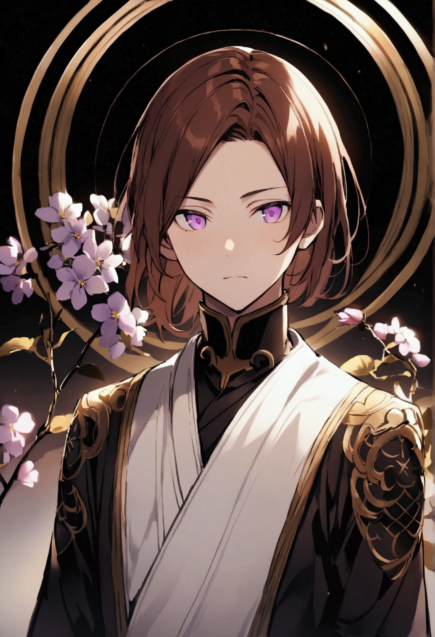 Tsukasa has reddish brown hair., smooth and medium length, V-shaped bangs covering your forehead and side bangs. He has fair skin and lilac eyes.. He is of average height and build.