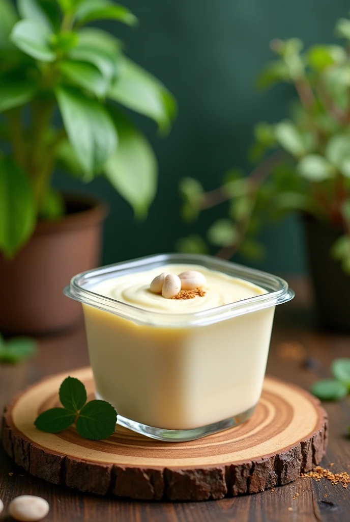 A mousse dessert in a plastic jar in those 220 ml square cake jars with the lid closed and with a green plant background, The mousse pot will be on top of a wooden board