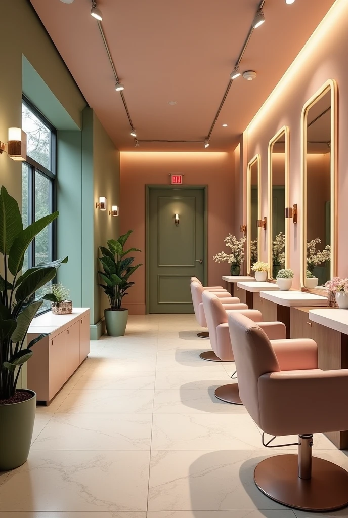 A simple beauty salon, but chic, inner part with green and pink tones, showing chairs and mirrors
