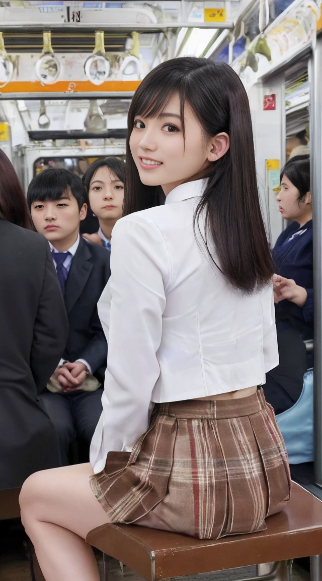 最high quality、high quality、Best image quality、8k、最High resolution、High resolution、最high quality、masterpiece、Detailed and realistic human body、Dense and realistic skin、Realistic face in every detail、Realistic reproduction of every detail、Detailed and realistic lips、Detailed and realistic teeth、Detailed and realistic ears、Detailed and realistic hair、Detailed and realistic arms、Realistic reproduction of every detail、Realistic fingers in every detail、(Beautiful Hands、thumb1reference4)、Realistic feet down to the last detail、Realistic pubic hair down to the last detail、(Beautiful Japanese Girl))、(Japanese Model), (Japanese women)、((18 year old beautiful girl))、(Black Hair)、(Random Hairstyles)、(Sexy look)、((whole body))、((Beautiful breasts with upturned nipples))、((Slim and perfect style))、(whole body glossy skin、Fair skin))、(Inside the train、rush hour、crowd)、(Soft lighting)、((Colorful see-through(school uniform, blazer))、((Take a seat on Inside the train(Spread your legs wide))、((Crowd turned their backs on her(A crowd can be seen from behind in the background.)) ((((facing front))))