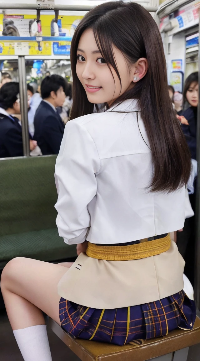 最high quality、high quality、Best image quality、8k、最High resolution、High resolution、最high quality、masterpiece、Detailed and realistic human body、Dense and realistic skin、Realistic face in every detail、Realistic reproduction of every detail、Detailed and realistic lips、Detailed and realistic teeth、Detailed and realistic ears、Detailed and realistic hair、Detailed and realistic arms、Realistic reproduction of every detail、Realistic fingers in every detail、(Beautiful Hands、thumb1reference4)、Realistic feet down to the last detail、Realistic pubic hair down to the last detail、(Beautiful Japanese Girl))、(Japanese Model), (Japanese women)、((18 year old beautiful girl))、(Black Hair)、(Random Hairstyles)、(Sexy look)、((whole body))、((Beautiful breasts with upturned nipples))、((Slim and perfect style))、(whole body glossy skin、Fair skin))、(Inside the train、rush hour、crowd)、(Soft lighting)、((Colorful see-through(school uniform, blazer))、((Take a seat on Inside the train(Spread your legs wide))、((Crowd turned their backs on her(A crowd can be seen from behind in the background.)) ((((facing front))))