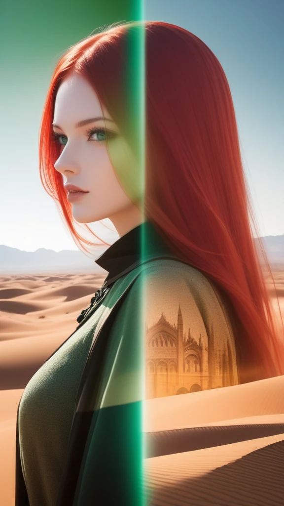 Double Exposure Style,a whie city postapocaliptic, medieval and renacentist place, desert,on the woman face, red hair, green eyes,double image ghost effect,image combination,double exposure style,1girl,, (masterpiece,best quality,ultra-detailed,very aesthetic, absurdres)