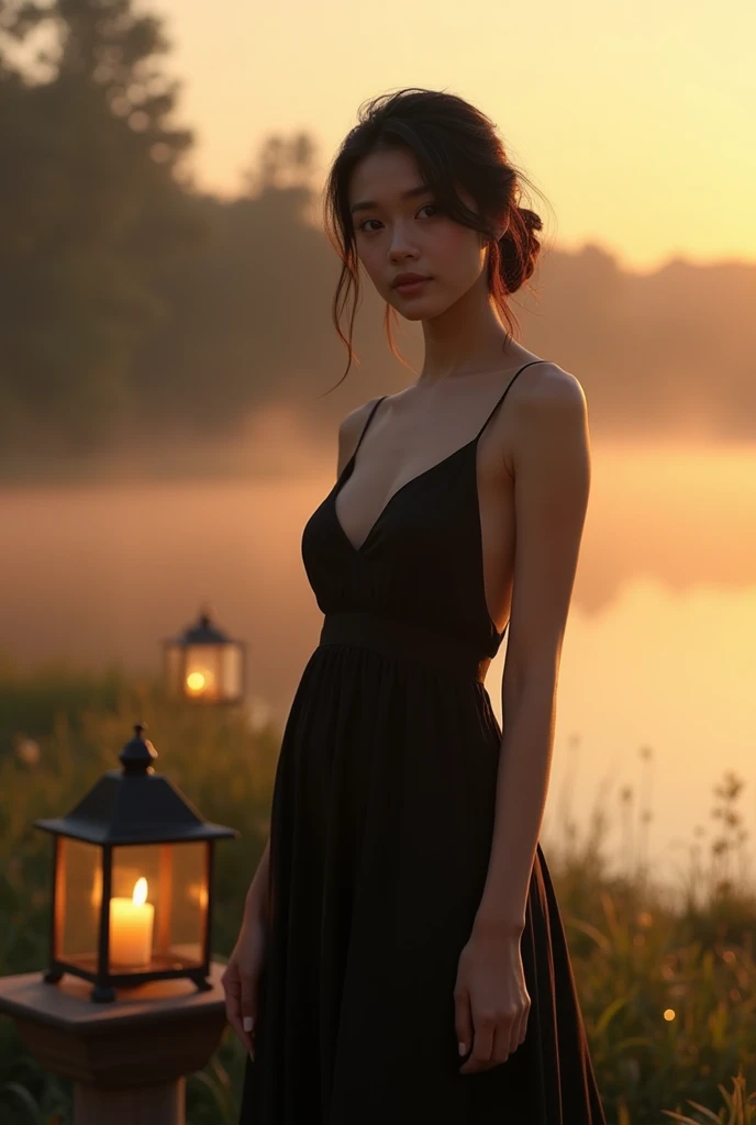 generated a 18 years old young white woman with dark black hair, slim-fit body, medium size chest, Picture a serene lakeside scene with mist rising over the water at sunrise. Here, a model showcases a black opaque summer dress, with the warm glow of vintage lamps casting a romantic ambiance., embodying a sense of tranquility and natural beauty against the peaceful backdrop of the lake and surrounding nature. Her beautiful natural woman, beautiful face, midriff, nipples