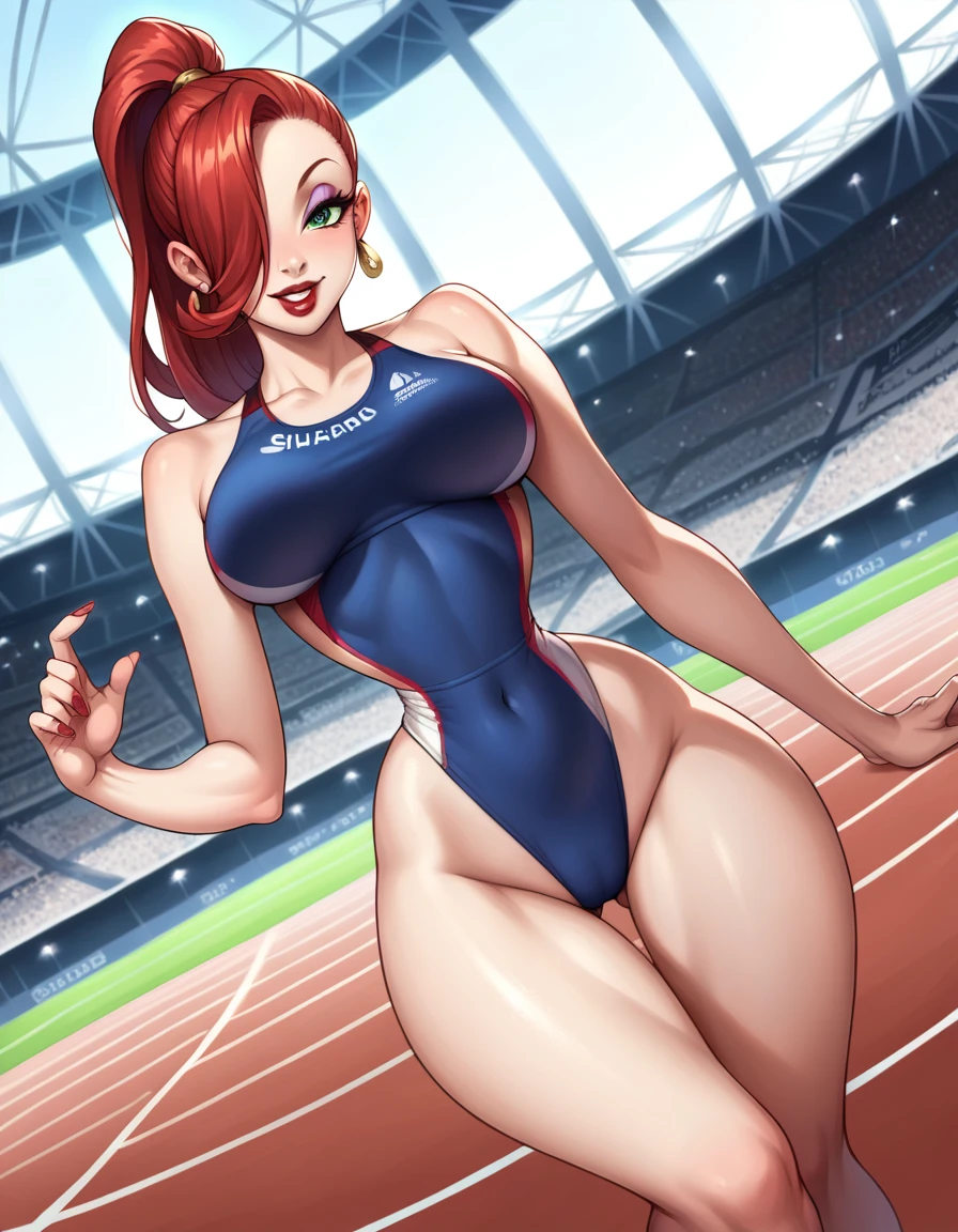 score_9, score_8_up, score_7_up, score_6_up, score_5_up, score_4_up, BREAK, source_anime, 1girl, red hair, long hair, hair over one eye, green eyes, lipstick, makeup, earrings, competition sports, (purple tank top), (large purple buruma), (on the track:1.5), (track and field), (Stadium background:1.5), Stadium full of people. Olympics. white trims, best quality, expressive eyes, short ponytail, high ponytail,, realistic BREAK 1girl, solo.  looking at viewer, dutch angle, looking up, smile, (big hips), hourglass body, happy, thigh gap, lips, red lips, lipstick,  BREAK parted lips,nail polish, ((narrow waist)), looking at viewer, thighs, indoors, 