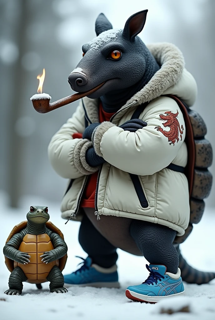 An armadillo with black scale-textured skin wearing black running shoes, in gangster style with a lit pipe in his mouth and a white snowboard jacket with a dragon symbol. Beside him is a white turtle wearing blue running shoes.. The two are standing with their arms crossed in the snow. They are big and the sneakers are from ASICS