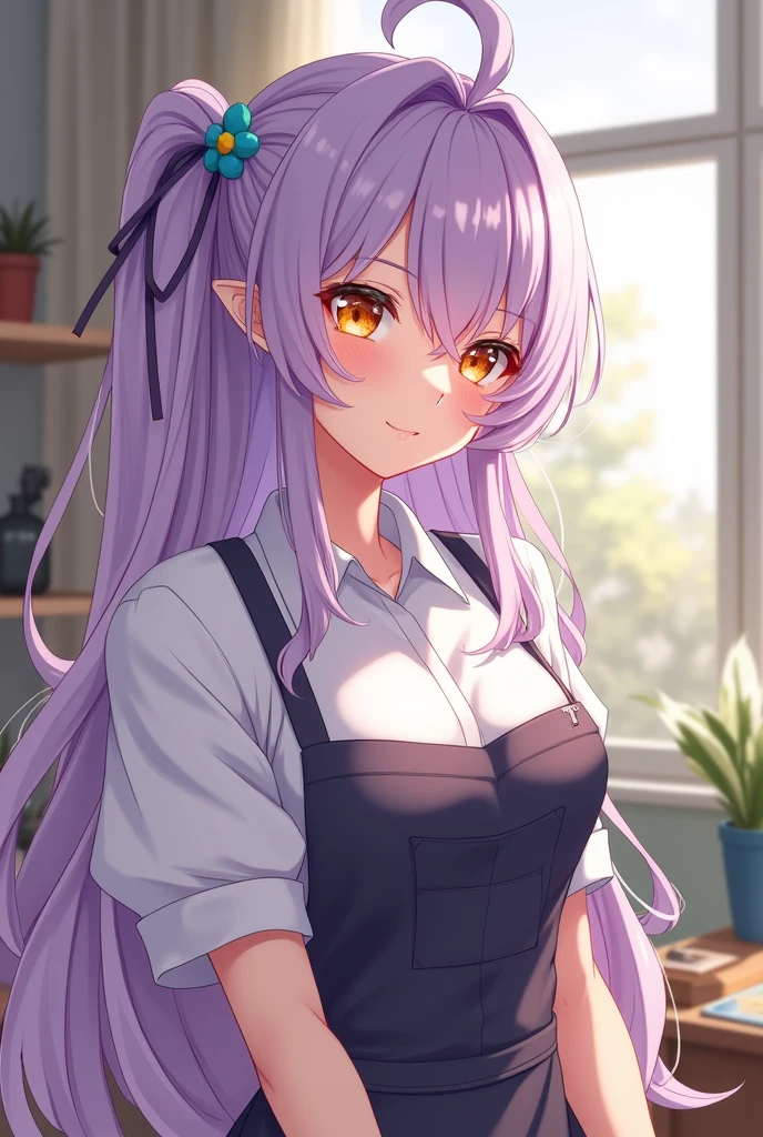 a beautiful girl, long soft lilac hair, amber eyes, big breasts, Estilo Genshin Impact, anime, Art teacher, teacher attire, paint stained apron, calm and smiling expression, yellow eyes