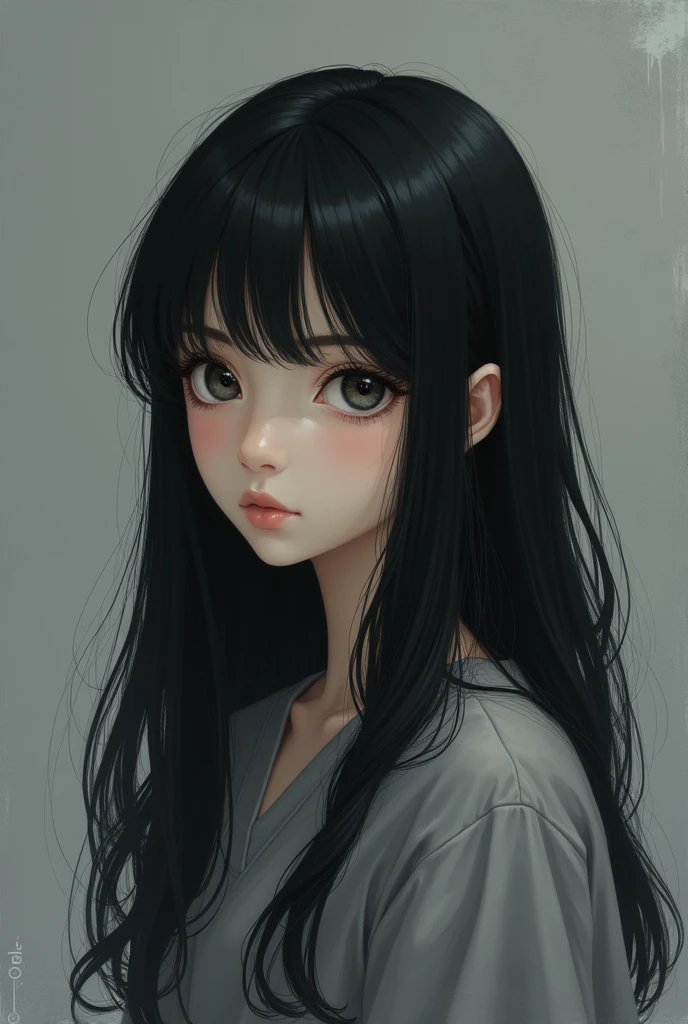 age girl, black hairr, pelo largo, grey clothes