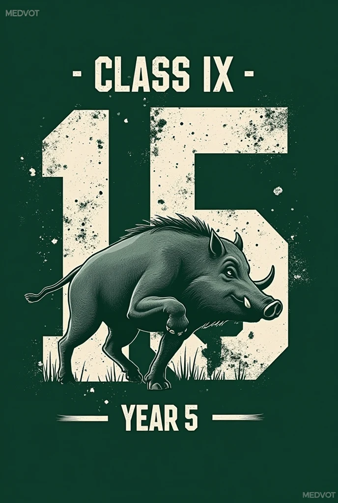 Create a pattern for a college vest Written "MEDVOT", "Class IX", "Year 5" Big no center, being scratched by a boar's claw. With a dark green background and the other elements and writing in white.