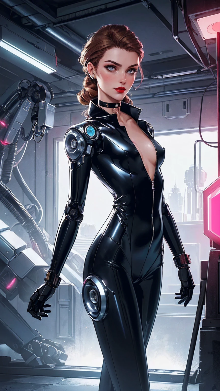 240710B. Masterpiece. A hyper realistic image of Claire. Beautiful woman. ((Perfect body)). Sexy. Slim. ((Solo)). ((Robot Uprising. In the High-tech facility with metallic walls, robotic machinery, and neon lights. Standing boldly by a robotic arm, jumpsuit reflecting light. Sleek black jumpsuit with metallic details, high collar, and robotic embellishments. Sheer black stockings. Hairstyle: Straight, glossy hair. Makeup: Metallic eyeshadow, red lips. Silver choker, robotic arm cuff.)). (See-through, bare pantyhose). ((Show erected small areolas thru clothes)). ((Show trimmed vulva)). ((Divine features, oval face)). Graceful presence. (Captivating and perfect grey eyes). (Silky ginger hair). Rosy tint complexion. Captivating smile with enchanting lips. Slender figure. ((Perfect hands)). Sense of style with alluring charm. Effortless elegance, sophisticated. ((High fashion image)). (((((Cowboy shot))))).