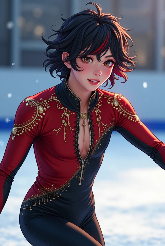 Yuri on ice artstyle boy with medium curly black hair with red strands. Eyeliner and brown eyes. Red and black iceskating oufit