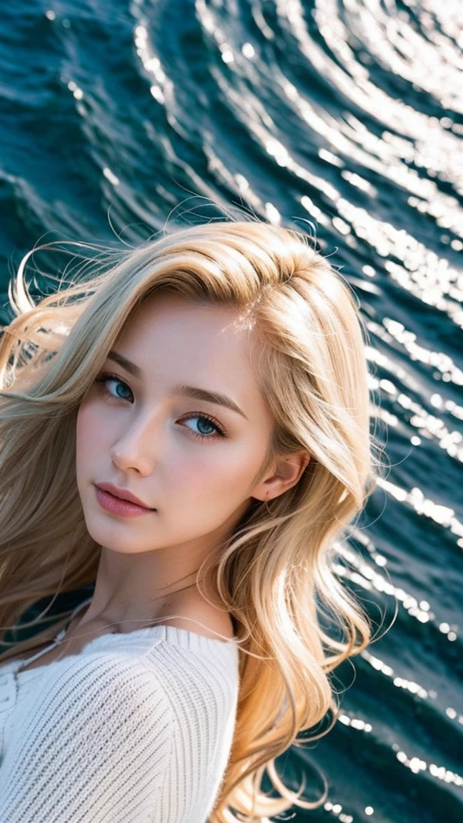 (from above), foreground: a beautiful light blonde European woman, 23 years, wavy hair in the wind. she is a men's magazine model, He has a subtle smile and flirts with the camera., (with a cropped wool cardigan and leather pants:1.2), ski resort sunset background, (clear night sky with many stars:1.2), Perfect eyes, perfect hands, perfect body, perfect hair, perfect chest, hair behind the ear, HD, retina, masterpiece, necessary, anatomically correct, textured skin, Super detail, High details, high quality, awarded, Best Quality, High resolution, 16k, 8k,