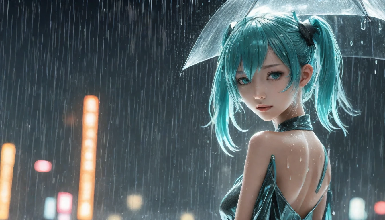 Slim body、Very beautiful woman,,Short mini dress,light rain,Hyper Real,Detailed digital art,hatsune miku ikeuchi,Featured on pixiv,Dystopia,Genshin Impact,Cel Shading,Smooth,Sharp focus,Cel Shading face,by 