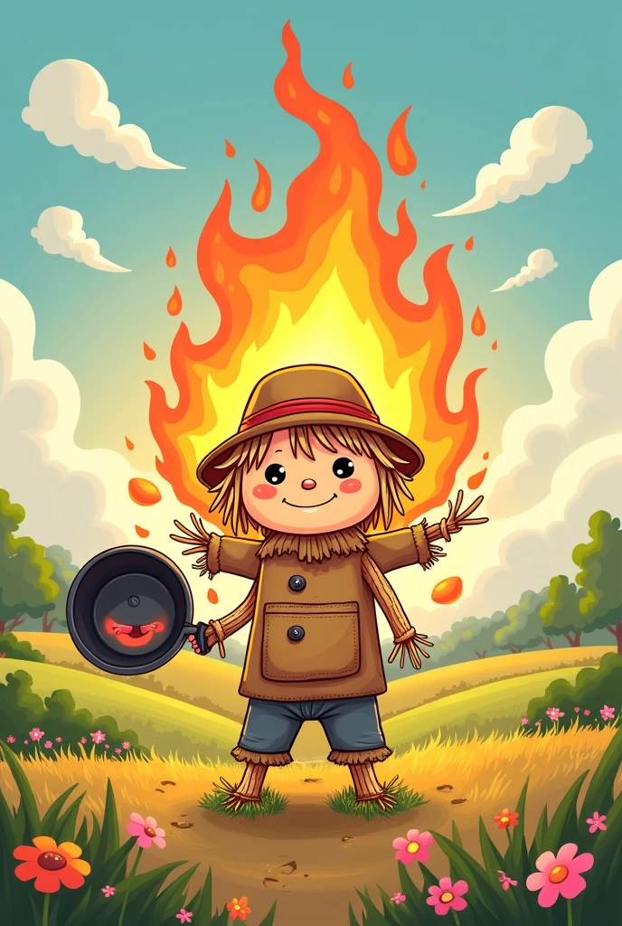 Create a kawaii illustration of a scarecrow burning with the fire of a frying pan in his hand