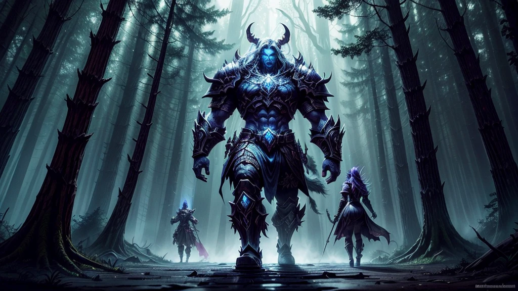 Prompt 1: The Battle Preparation (World of Warcraft Style) Description: A dark, mystical forest at night, lit by a crescent moon. Heavily armored characters, resembling heroes from World of Warcraft, prepare for battle. Their armor is ornate, oversized, and glowing with magical runes, fitting the exaggerated and stylized design of WoW. The characters carry large, enchanted weapons that radiate power. The scene is set in an ancient forest with twisted, massive trees and glowing magical roots. Shadows and mist swirl around their feet, creating an ominous and mystical atmosphere, typical of WoW's dark zones like Duskwood. Style: World of Warcraft, stylized, vibrant colors, exaggerated proportions, fantasy realism, cartoonish touch.