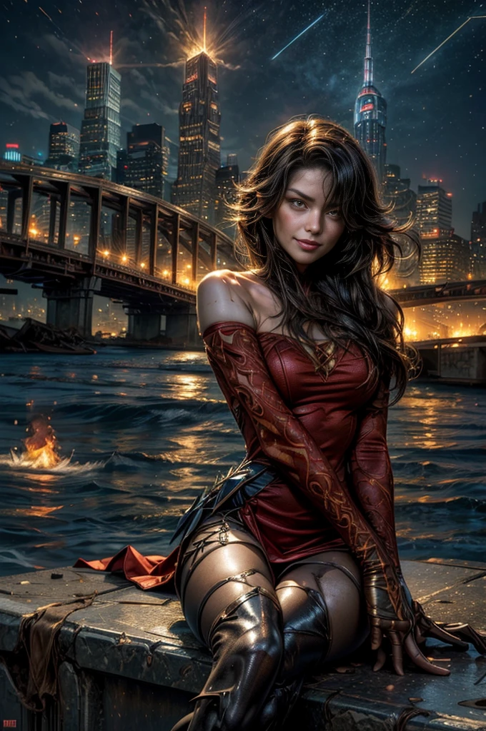 (masterpiece, best quality:1.2), cowboy shot, solo, 1girl, cinder fall, looking at viewer, long hair, red dress, elbow gloves, pantyhose, dynamic pose, sitting near wrecked bridge, wrecked skyscrapers, holding fire, night, stars, evil smile, post-apocalypse, dystopian future crowd, (volumetric lighting), sharp focus, hyper detailed