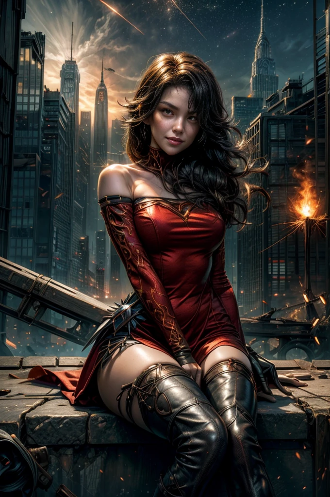(masterpiece, best quality:1.2), cowboy shot, solo, 1girl, cinder fall, looking at viewer, long hair, red dress, elbow gloves, pantyhose, dynamic pose, sitting near wrecked bridge, wrecked skyscrapers, holding fire, night, stars, evil smile, post-apocalypse, dystopian future  crowd, (volumetric lighting), sharp focus, hyper detailed 