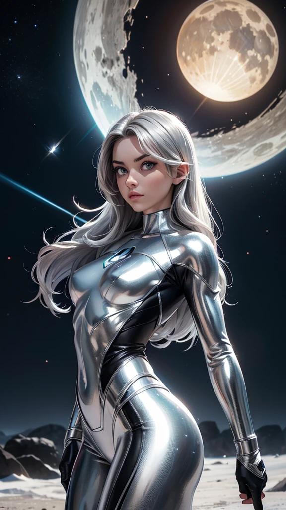 Silver Surfer, (Marvel comics), sexy girl, piel de mercurio líquido, powerful, Mercury skin, piel plateada, cuerpo plateado, silver face, silver skin, silver body, naked, Young, skynny body, small and beautiful silver buttocks, toned silver abdomen, small and beautiful silver breasts, very sensual, she is surfing in the space whit her silver surfboard, she is shooting energy rays with her hands, naves espaciales, planeta tierra en el fondo, planeta haciendo explosión, destroyed moons in the background, Dramatic background, alien invasion, sensual look, Beautiful silver eyes, classic hairstyle,Hair dyed in bright silver color, best quality,4k,8k,A high resolution,masterpiece,Ultra detailed,realistic, Photorealistic,photo realistic, ultra realistic, gran definición,
