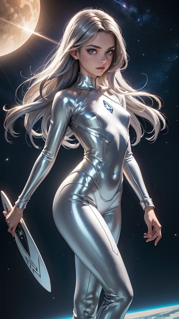 Silver Surfer, (Marvel comics), sexy girl, piel de mercurio líquido, powerful, Mercury skin, piel plateada, cuerpo plateado, silver face, silver skin, silver body, naked, Young, skynny body, small and beautiful silver buttocks, toned silver abdomen, small and beautiful silver breasts, very sensual, she is surfing in the space whit her silver surfboard, she is shooting energy rays with her hands, naves espaciales, planeta tierra en el fondo, planeta haciendo explosión, destroyed moons in the background, Dramatic background, alien invasion, sensual look, Beautiful silver eyes, classic hairstyle,Hair dyed in bright silver color, best quality,4k,8k,A high resolution,masterpiece,Ultra detailed,realistic, Photorealistic,photo realistic, ultra realistic, gran definición,