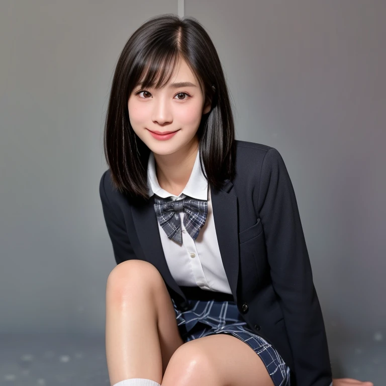 (kawaii 18 year-old Japanese girl is sitting on the floor, wariza, Nogizaka idol, Korean idol), healthy female athlete body, (glossy black hair, short hair, pixie cut, bangs:1.3), (rounded face, pure black eyes, single eyelid, no makeup, splashing smile:1.2), (wearing Japanese school uniforms, blazer jacket, collared shirt, bow tie:1.3), extra small breasts, (plaid skirt, bare thighs:1.2), socks, loafers, BREAK, (simple grey background:1.3), (dynamic angle, cowboy shot, thigh focus:1.2), BREAK, (masterpiece, best quality, photo realistic, official art:1.4), (UHD, 8K quality wallpaper, high resolution, raw photo, golden ratio:1.3), (shiny skin), professional lighting, physically based rendering, award winning, (highly detailed skin, extremely detailed face and eyes, anatomically correct body), Carl Zeiss 85 mm F/1.4, depth of field, 1girl, solo,