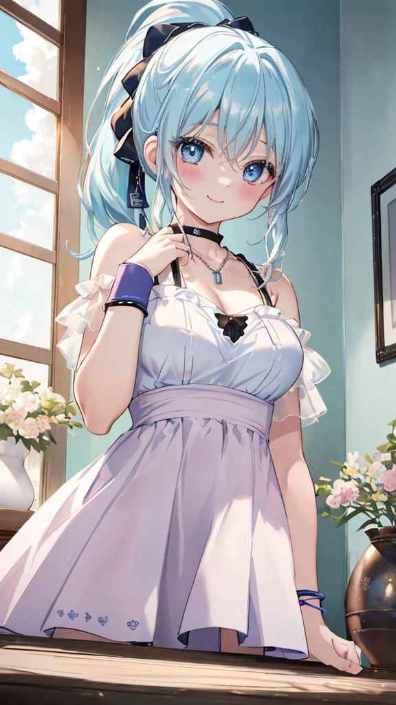 最high quality、Best image quality、masterpiece、With a girl((cute、18-year-old、Best Bust、Medium Bust、Beautiful Blue Eyes、Spread your chest wide,Pastel Hair、ponytail、Disheveled Hair、thin、Highest Valley、Pastel Dress、smile、necklace、Wristband、))high quality、Beautiful art、background((Pastel Room)),Tabletop、Exquisite design、Visual Arts、Written boundary depth、Best lighting、Highest detail、8k