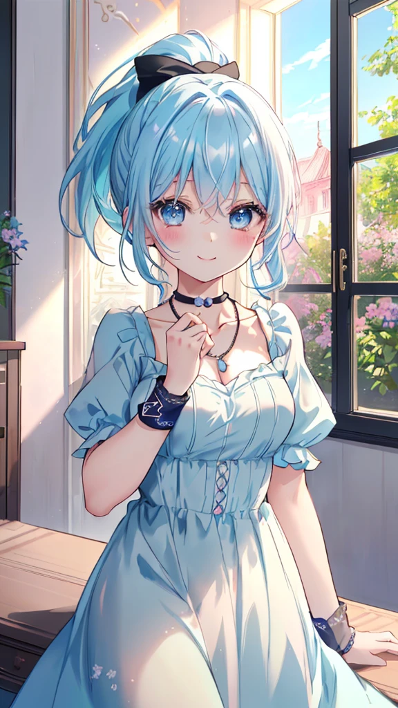 最high quality、Best image quality、masterpiece、With a girl((cute、18-year-old、Best Bust、Medium Bust、Beautiful Blue Eyes、Spread your chest wide,Pastel Hair、ponytail、Disheveled Hair、thin、Highest Valley、Pastel Dress、smile、necklace、Wristband、))high quality、Beautiful art、background((Pastel Room)),Tabletop、Exquisite design、Visual Arts、Written boundary depth、Best lighting、Highest detail、8k