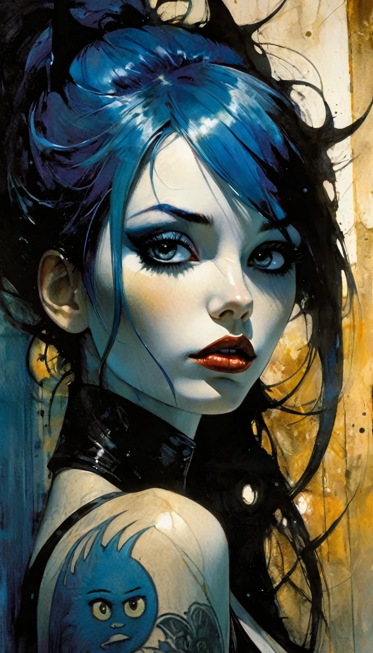 Best quality, Best face, 1girl, Blue hair, Long hair, white skin, Blue Tattoo's, thick eyelashes, Thick lips, Smirk, looking at viewer, starrystarscloudcolorful,eroticism, sexy, black and white image, between shadows, oil painting, chiaroscuro, sensual, dramatic lighting, moody atmosphere, photorealistic, intricate details, masterpiece, ultra-detailed, high quality, 8k, best quality, realistic, cinematic, dark and brooding, expressionistic, powerful composition, emotional impact, art inspired by Bill Sienkiewicz and Dave McKean