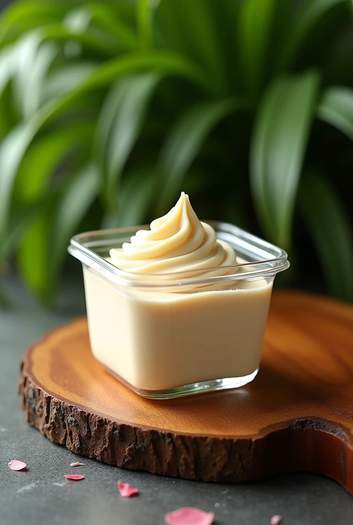 A mousse dessert in a plastic jar in those 220 ml square cake jars with the lid closed and with a green plant background, The mousse pot will be on top of a wooden board