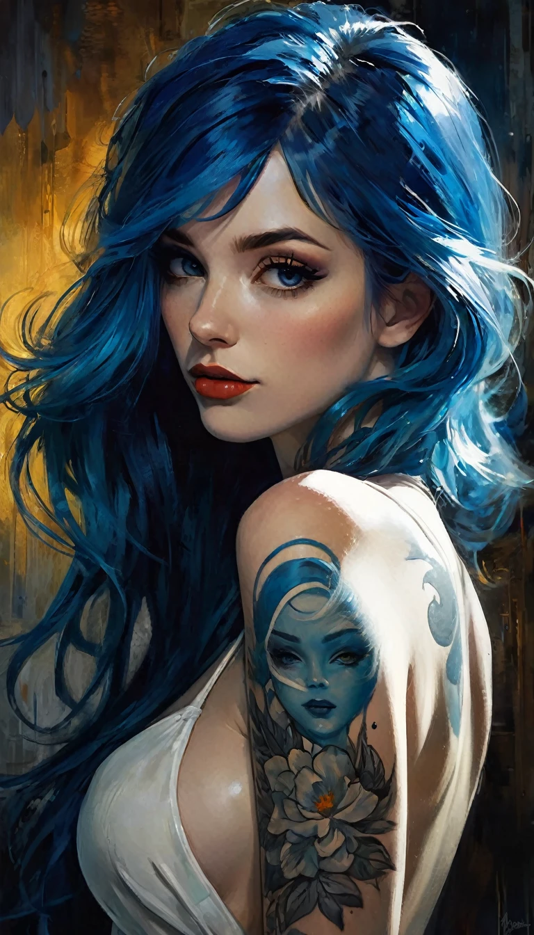 Best quality, Best face, 1girl, Blue hair, Long hair, white skin, Blue Tattoo's, thick eyelashes, Thick lips, Smirk, looking at viewer, starrystarscloudcolorful,eroticism, sexy, black and white image, between shadows, oil painting, chiaroscuro, sensual, dramatic lighting, moody atmosphere, photorealistic, intricate details, masterpiece, ultra-detailed, high quality, 8k, best quality, realistic, cinematic, dark and brooding, expressionistic, powerful composition, emotional impact, art inspired by Bill Sienkiewicz and Dave McKean