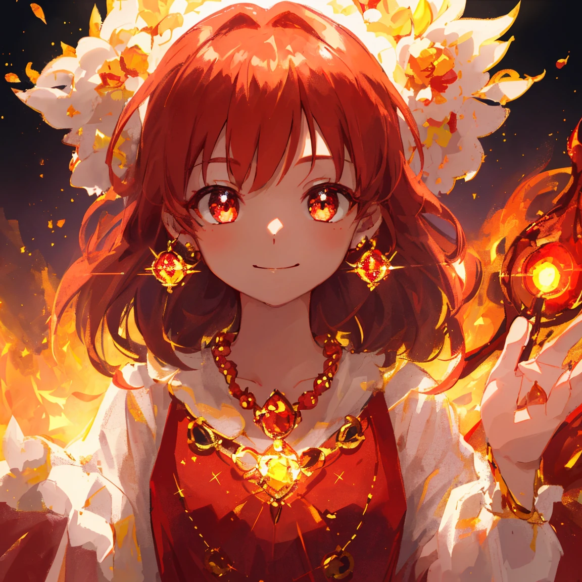 1 girl masterpiece, highest quality, shape,A smile like the sun, Ruby eyes and hair, Ruby earrings, Ruby necklace, flame, fire fairy, cute, (dynamic lighting:1.2), cinematic lighting, delicate features, fine eyes, sharp pupils, realistic student, written boundary depth, Bokeh, sharp focus, (very detailed, bloom, shine:1.4), lots of little gems 