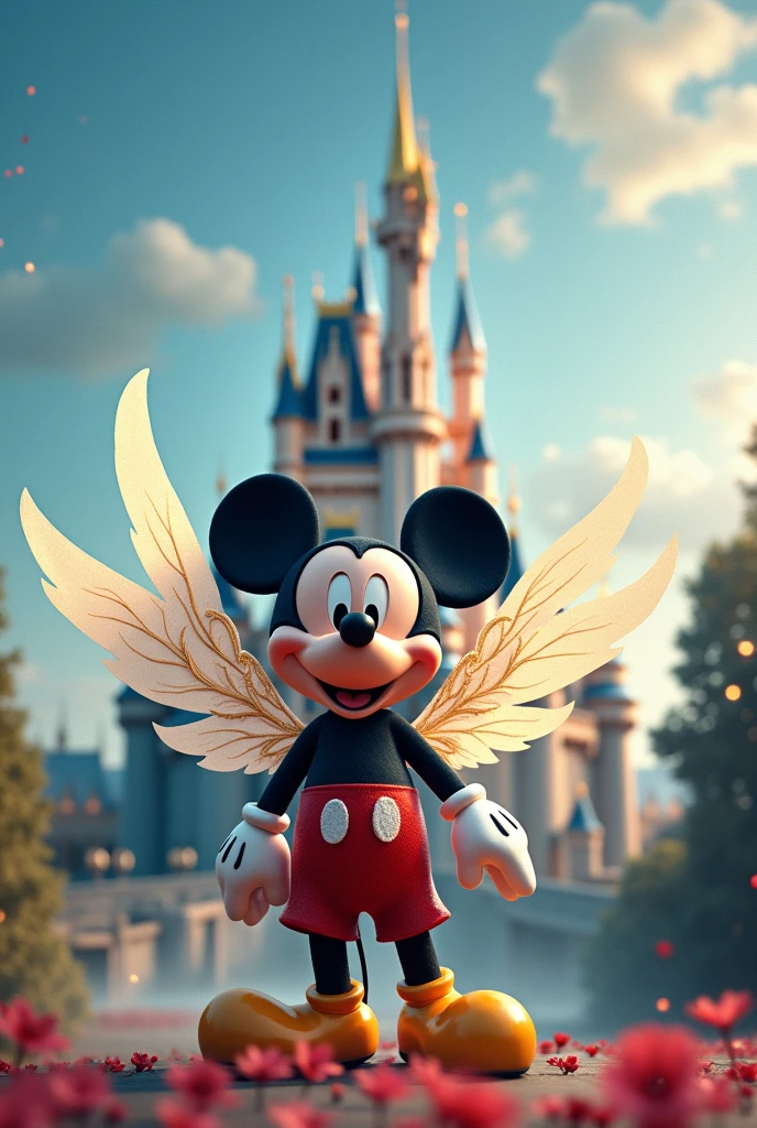 Can you generate a background for a Disney photomontage with a winged Mickey and a castle in the background?