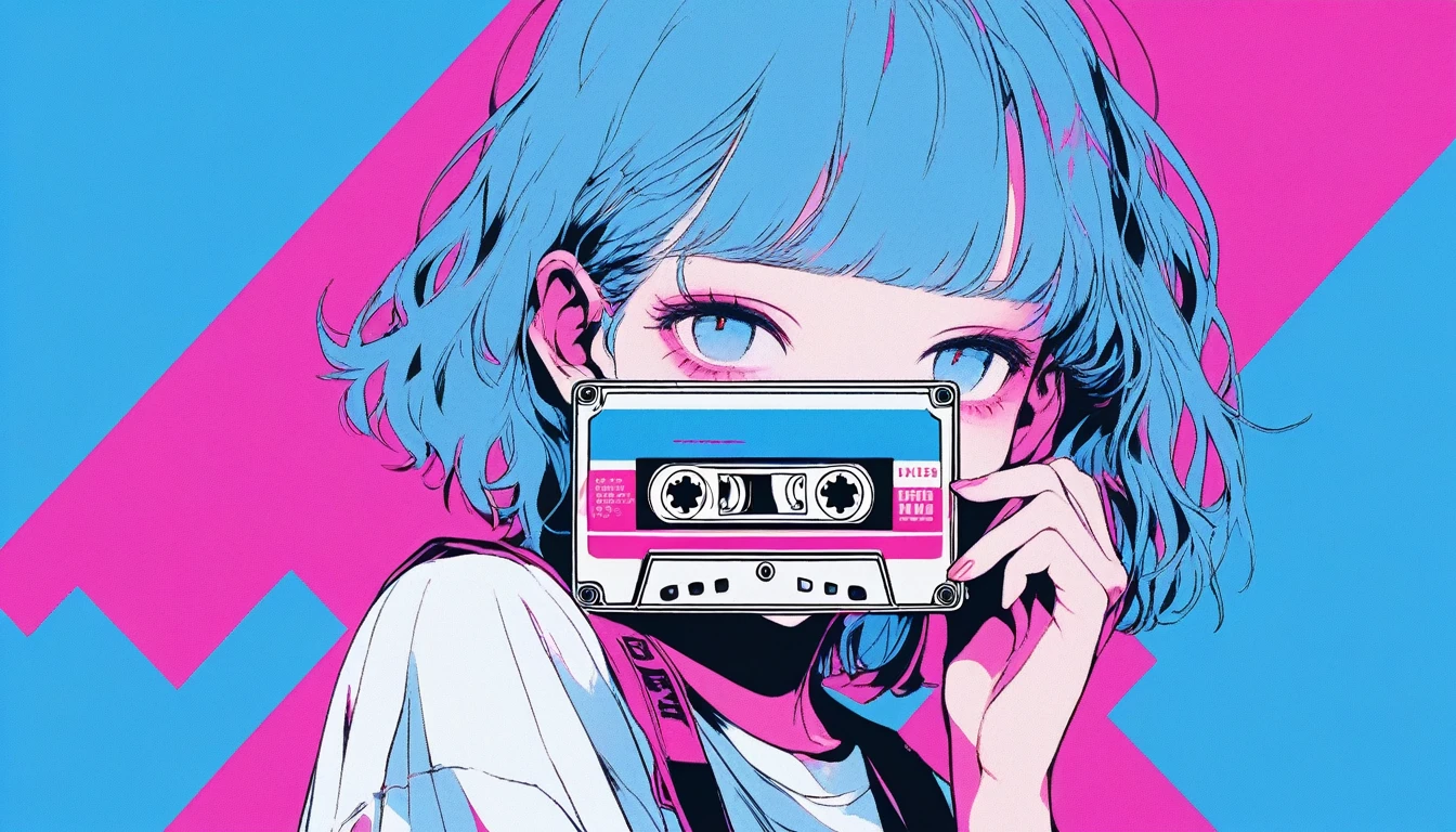 Illustrator, anime , Realistic ,sketch , 1 person, ,lip, tshirt,order, Blue gradient background, summer、Neon Hair,Texture Trim, Canadian, (masterpiece,Highest quality) cancer、Cassette tape placed in front、Realisticなカセットテープの大きさ、Cassette tape facing forward