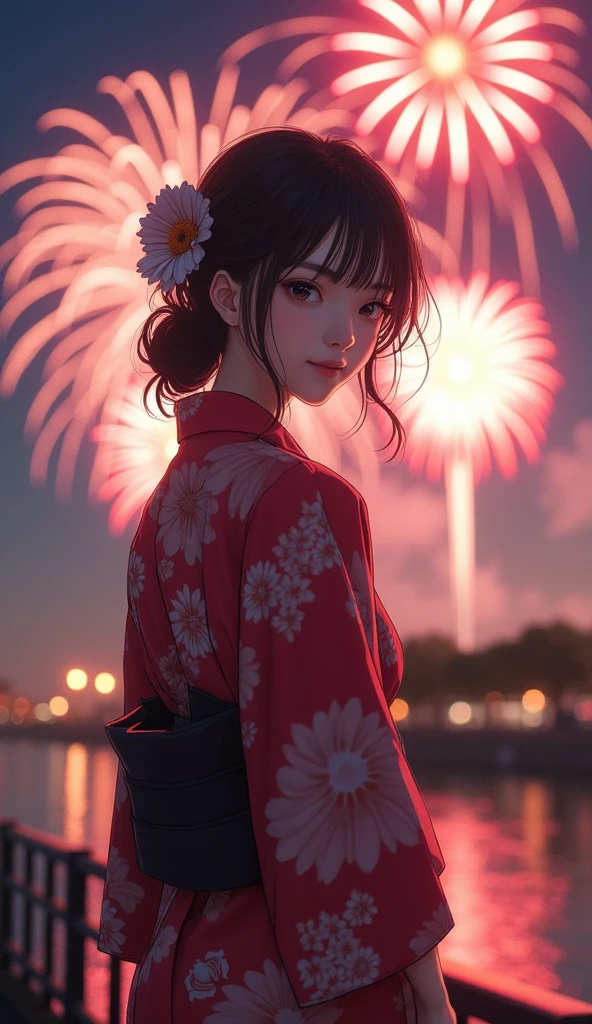 "(((One beautiful woman))), I, Masseter muscle area, Highest quality, Elegant anime style, Yukata outdoors, Spectacular Pyrotechnics, Star mine with a large number of fireworks, Shots from a distance, Backward view, Night view, A shy smile, Bokeh effect and depth of field, High Key Light"